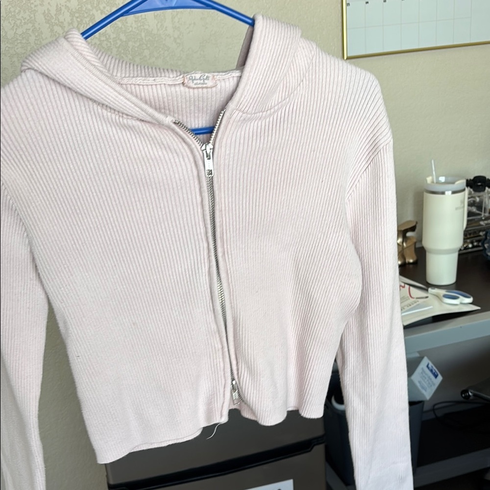 Light Pink Ribbed Zip-Up Hoodie